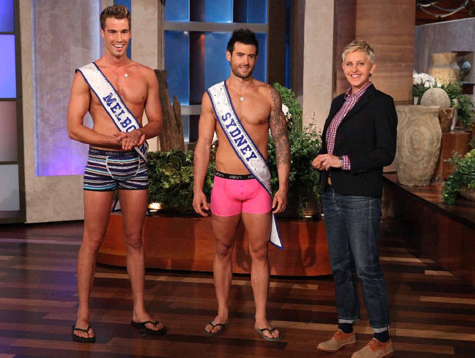 Former Warwick lad Matt Chapman (middle) rocked a pair of pink jocks on the Ellen DeGeneres Show in LA, in a quest to find Mr Australia. Former Warwick lad Matt Chapman (middle) rocked a pair of pink jocks on the Ellen DeGeneres Show in LA, in a quest to find Mr Australia.